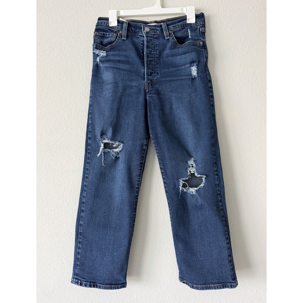 Levi's Ribcage Straight Ankle Jeans Size 29 Distressed Ripped Dark Wash